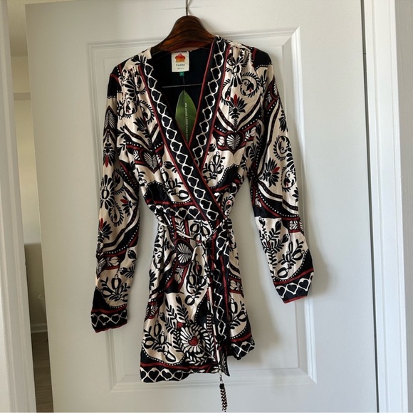 Farm Rio Black Passion Scarf Mini Wrap Dress - Picture 2 of 9